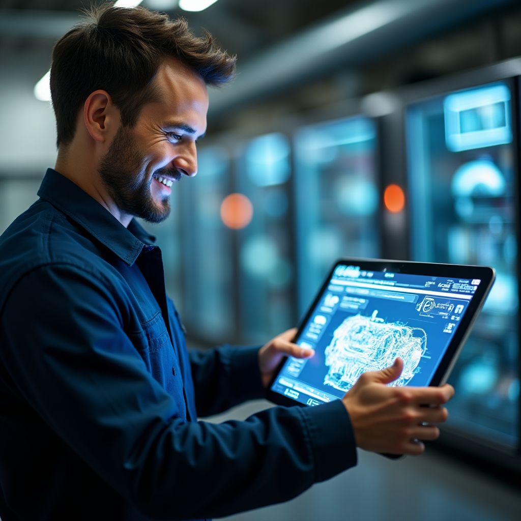 Técnico usando tableta para diagnóstico